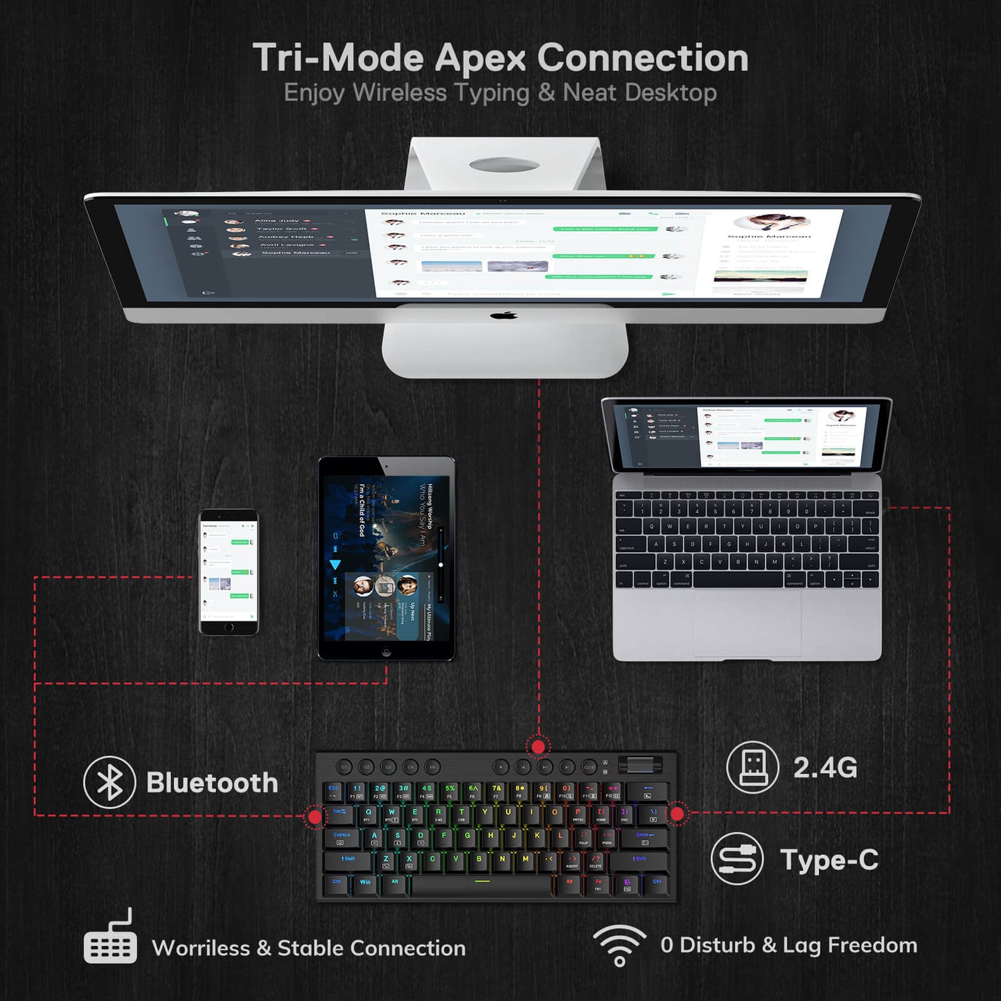 Bluetooth2.4GhzWired Tri-Mode Ultra-Thin Low Profile Gaming Keyboard