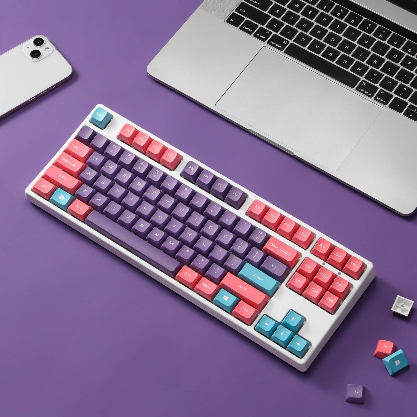 PBT Double Shot 112-Key Sublimation Keycaps Set, KDA Profile for ANSI Layout 61/68/84/87/98/104 Keys Mechanical Keyboard, with Keycap Puller - (Only Keycaps), Neon Purple