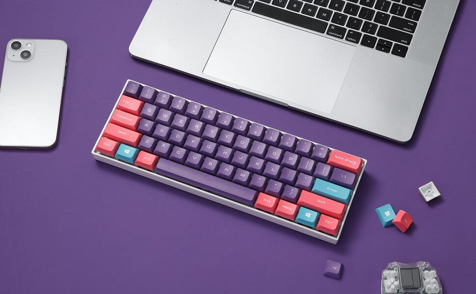 PBT Double Shot 112-Key Sublimation Keycaps Set, KDA Profile for ANSI Layout 61/68/84/87/98/104 Keys Mechanical Keyboard, with Keycap Puller - (Only Keycaps), Neon Purple