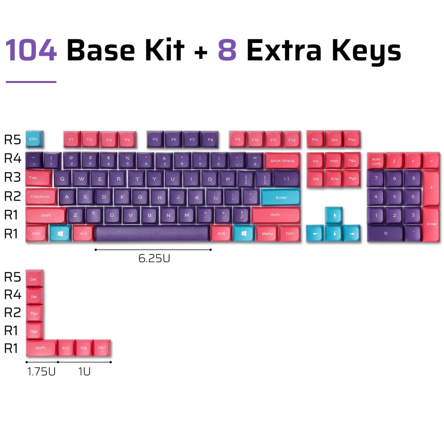 PBT Double Shot 112-Key Sublimation Keycaps Set, KDA Profile for ANSI Layout 61/68/84/87/98/104 Keys Mechanical Keyboard, with Keycap Puller - (Only Keycaps), Neon Purple