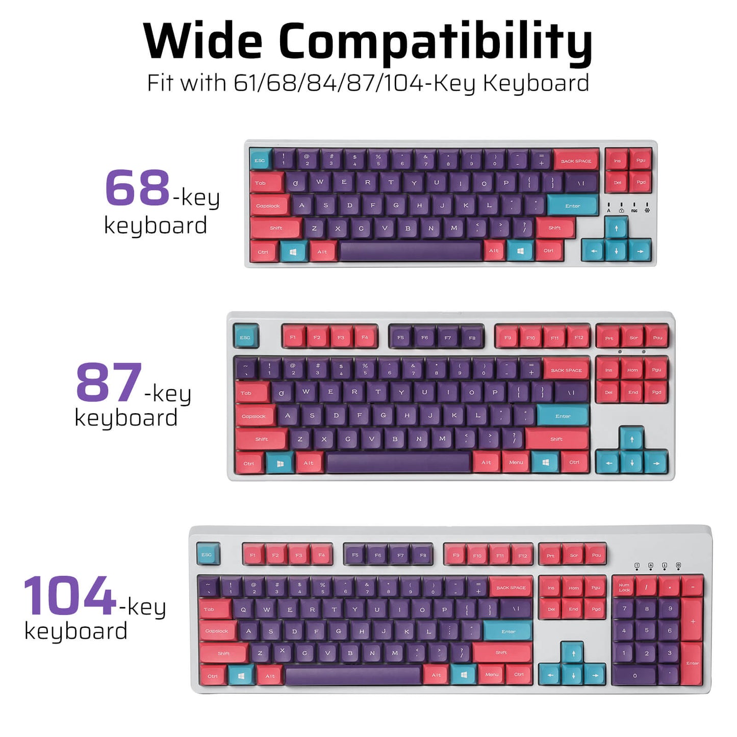 PBT Double Shot 112-Key Sublimation Keycaps Set, KDA Profile for ANSI Layout 61/68/84/87/98/104 Keys Mechanical Keyboard, with Keycap Puller - (Only Keycaps), Neon Purple