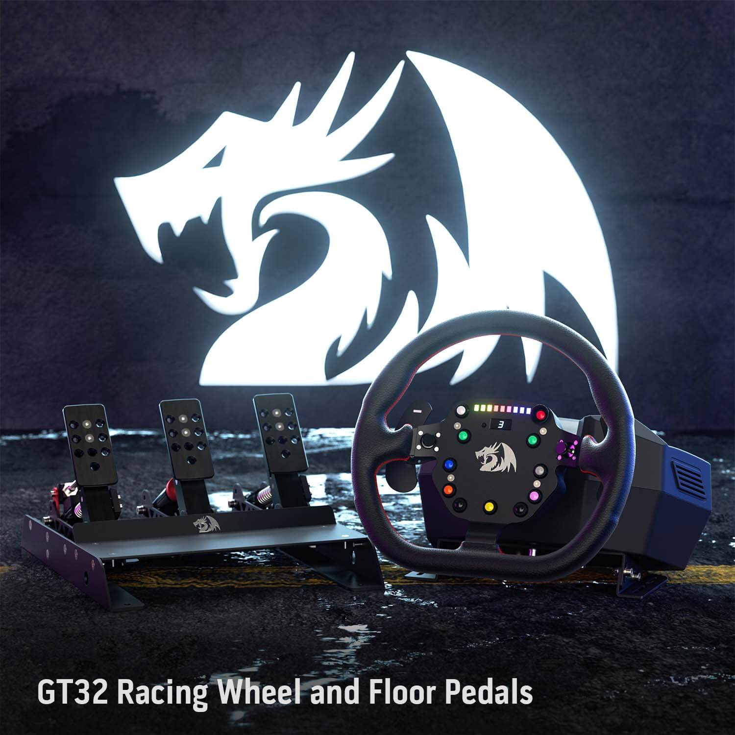 Redragon GT32 Racing Wheel and Pedals NA BRASIL GAME SHOW 2022 