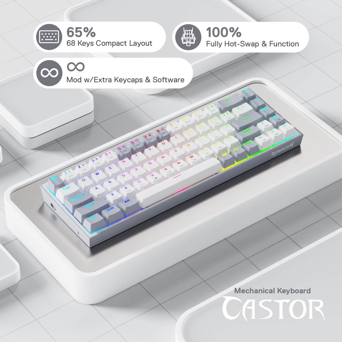 Redragon K631 65% Hot-Swap Mechanical Gaming Keyboard, Grey Color ...