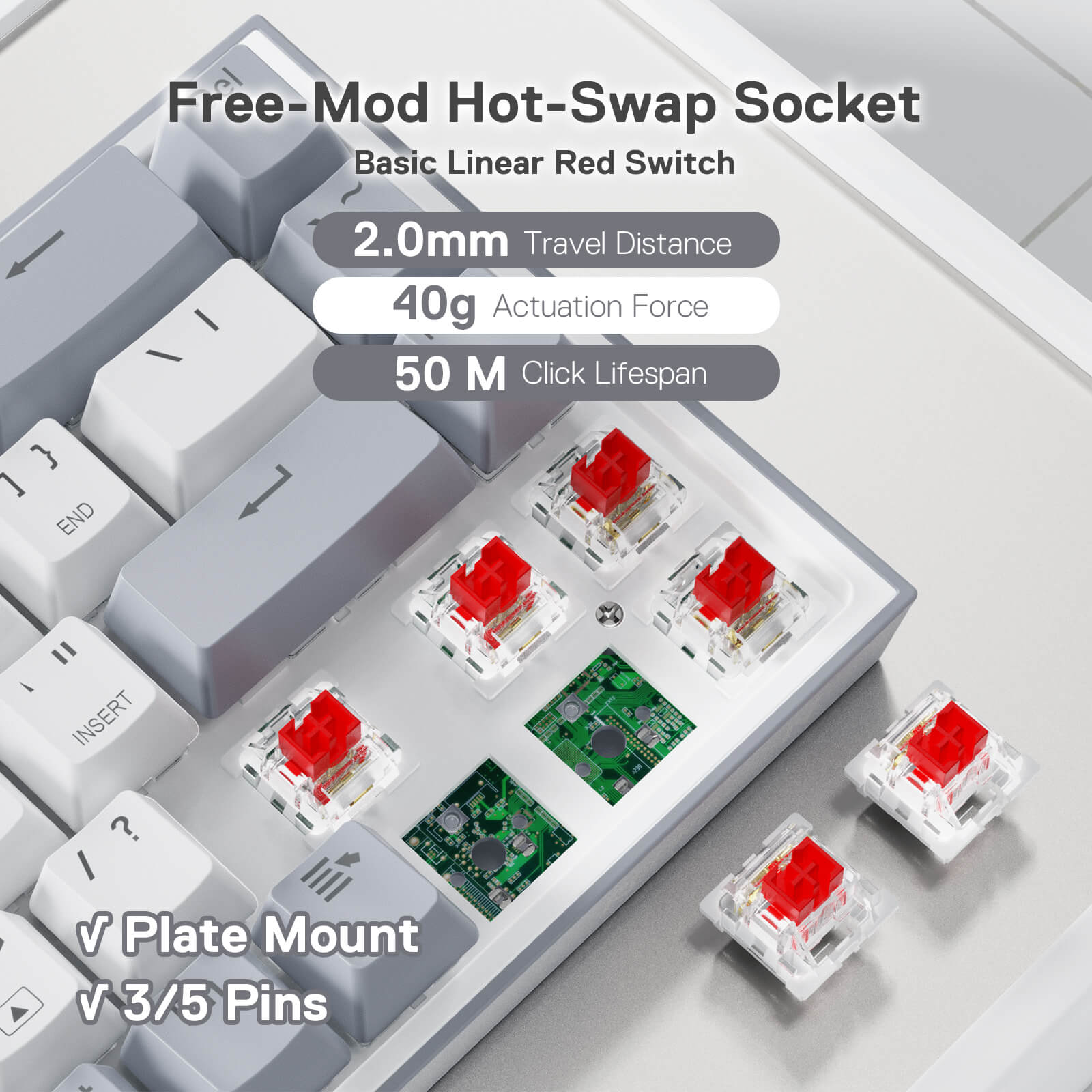 68 Keys Hot-Swappable Compact Mechanical Keyboard w/100% Hot-Swap Socket, Free-Mod Plate Mounted PCB & Dedicated Arrow Keys