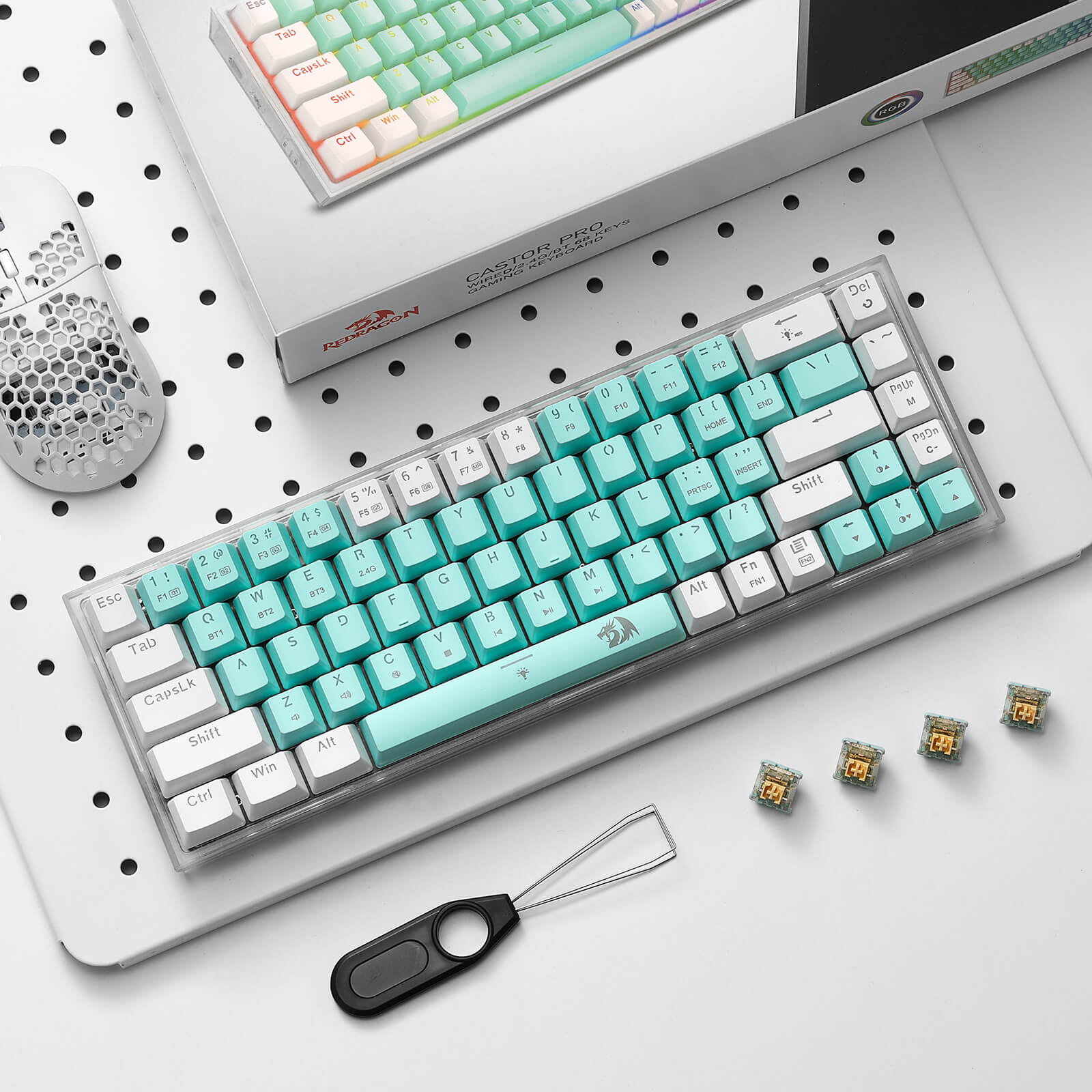 Ca356 Keyboard Color Redragon CASTOR K631 PRO 65% Mint & White Wireless Aesthetic Keyboard ...