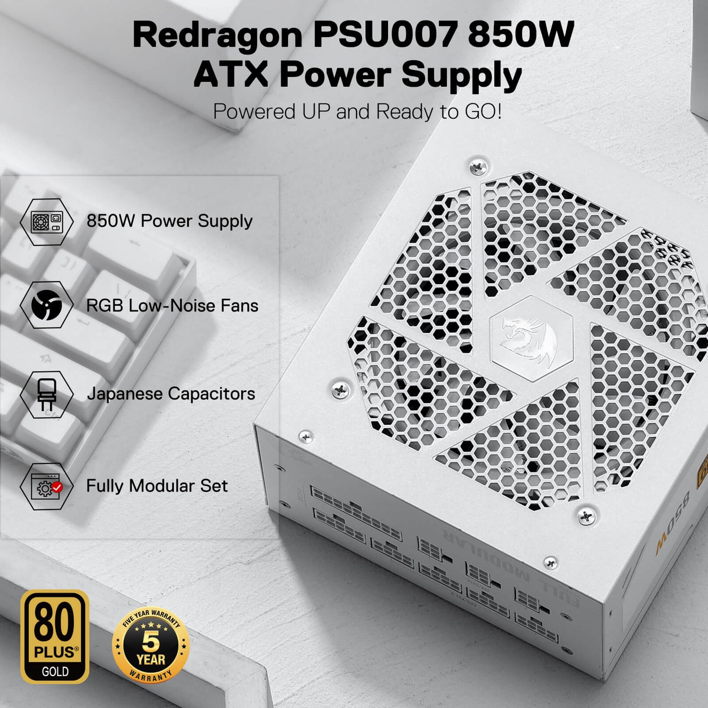 Redragon PSU007 80+ Gold 850 Watt ATX Fully Modular Power Supply w 80 Plus Gold Certified