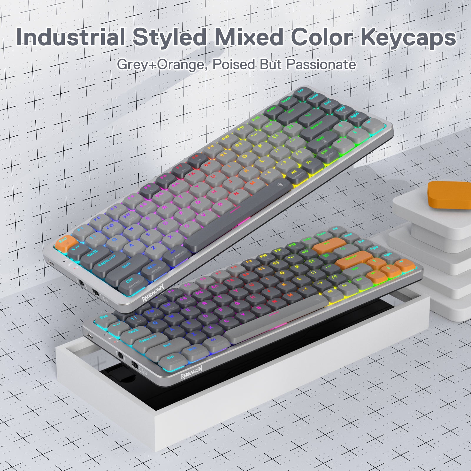 Redragon K652 mechanical keyboard with RGB lighting and interchangeable keycap sets for customization.